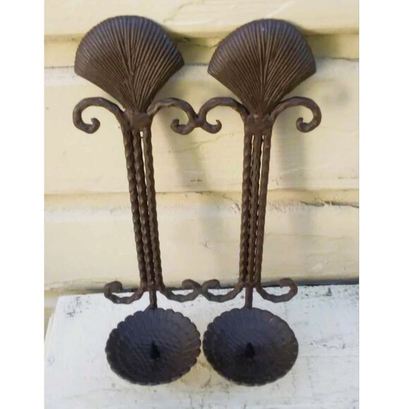 VTG Double Pillar Candle Holder Hammered Scallop Shell Wrought Iron Wall Sconce - Picture 2 of 8